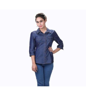 Womens Denim Solid Casual Collared Neck Shirt Navy Blue 